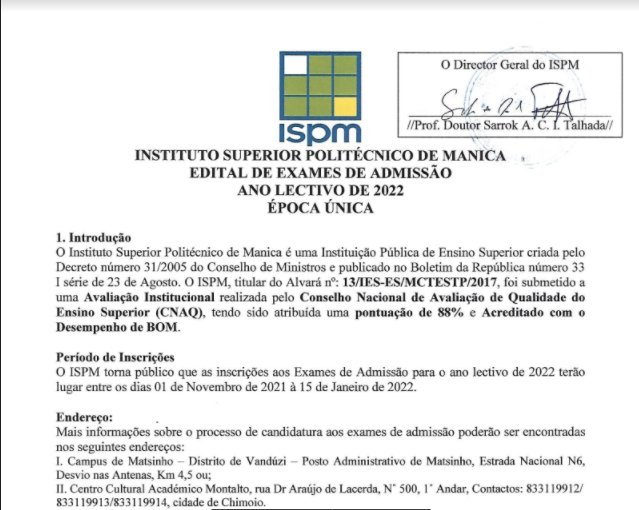 Edital de exames de admissão Instituto Superior Politécnico de Manica 2022 PDF