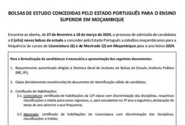 Edital de Bolsas de Estudo Internas Licenciatura e Mestrado para Portugal 2024